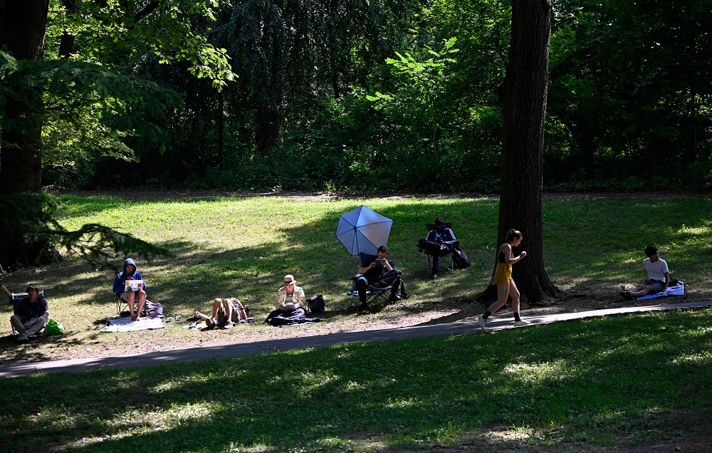 People sit in the grass next to a path in Central Park as they queue for free tickets for a Shakespeare performance in New York August 8, 2019. u00e2u20acu201d AFP pic  