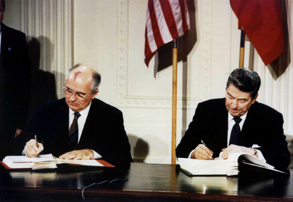 US President Ronald Reagan and Soviet President Mikhail Gorbachev sign the Intermediate-Range Nuclear Forces (INF) treaty in the White House December 8 1987. u00e2u20acu201d Reuters pic 