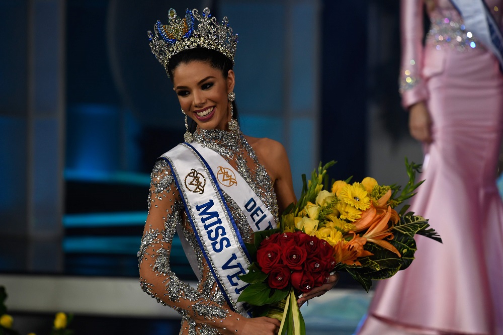 Thalia Olvino representative of the Delta Amacuro reacts during the Miss Venezuela beauty pageant in Caracas, Venezuela August 1, 2019. u00e2u20acu201d AFP pic         