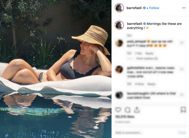 An Instagram screenshot of Bar Refaeli in a cute two-piece featuring a crop-top and scalloped edges.