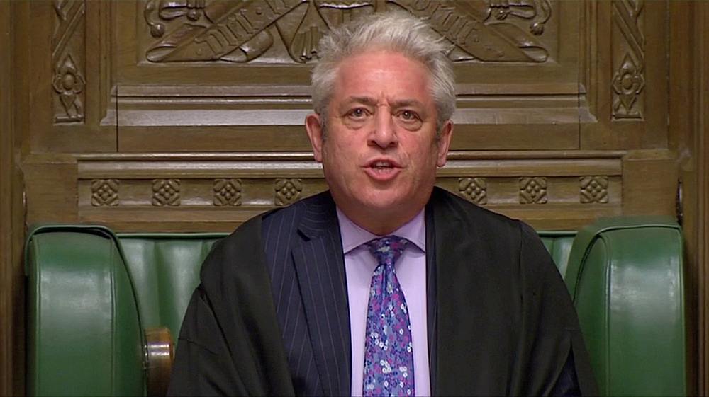 Speaker of the House of Commons John Bercow reads the voting results after lawmakers approved a Brexit delay legislation, in Parliament, London, April 3, 2019 in this still video. u00e2u20acu201d Parliament TV image via Reuters