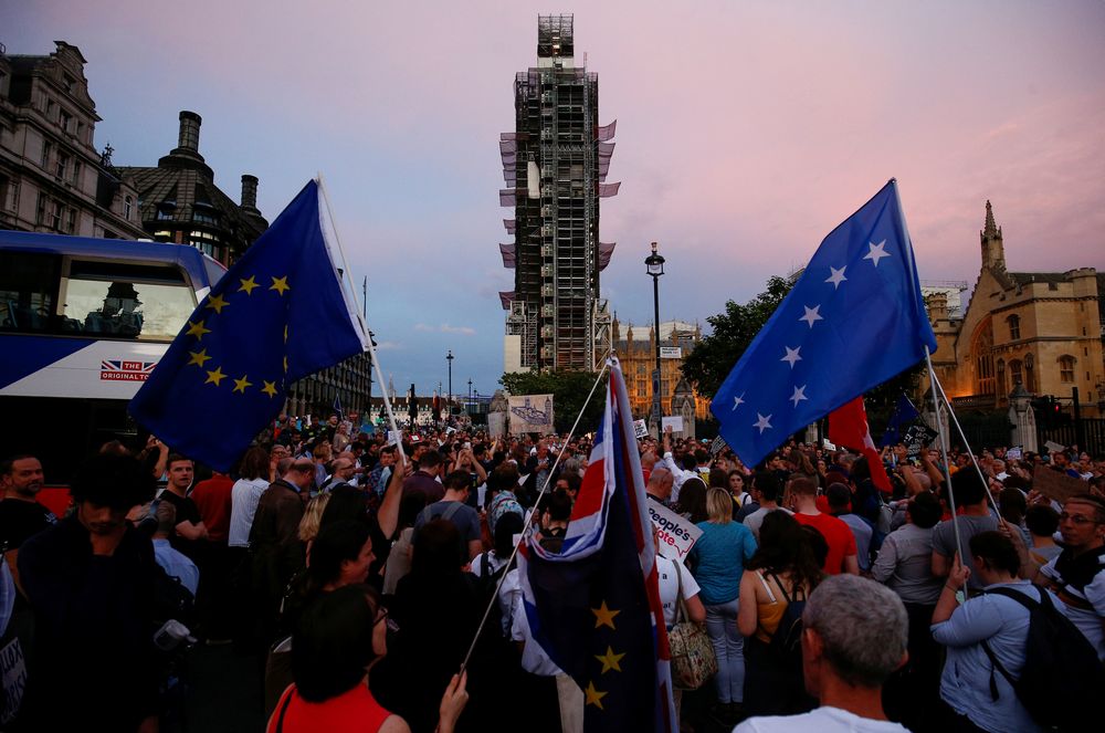 Protestors are seen during an anti-Brexit protest, outside the Houses of Parliament in London, August 28, 2019. u00e2u20acu201d Reuters pic