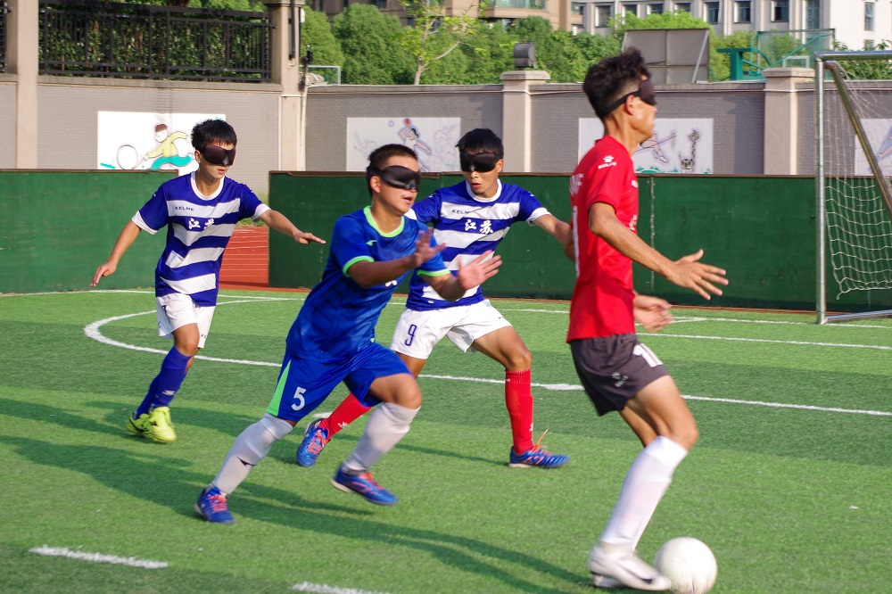This August 19, 2019 picture by Cheng Yajing and released by Jiangsu Provincial blind football team shows players of Jiangsu Provincial blind football team taking part in a training session in Nantong in China's eastern Jiangsu province. u00e2u20acu201d AFP pic      