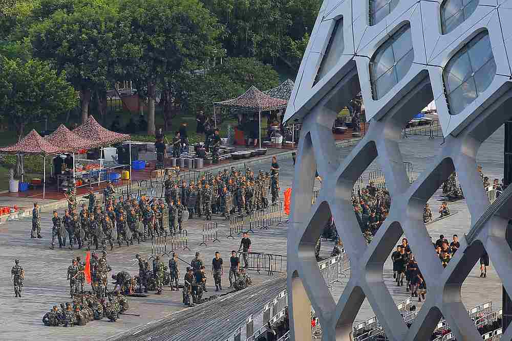 Chinese soldiers walk in formation on the grounds of the Shenzhen Bay Sports Centre in Shenzhen across the bay from Hong Kong August 15, 2019. u00e2u20acu201d Reuters pic