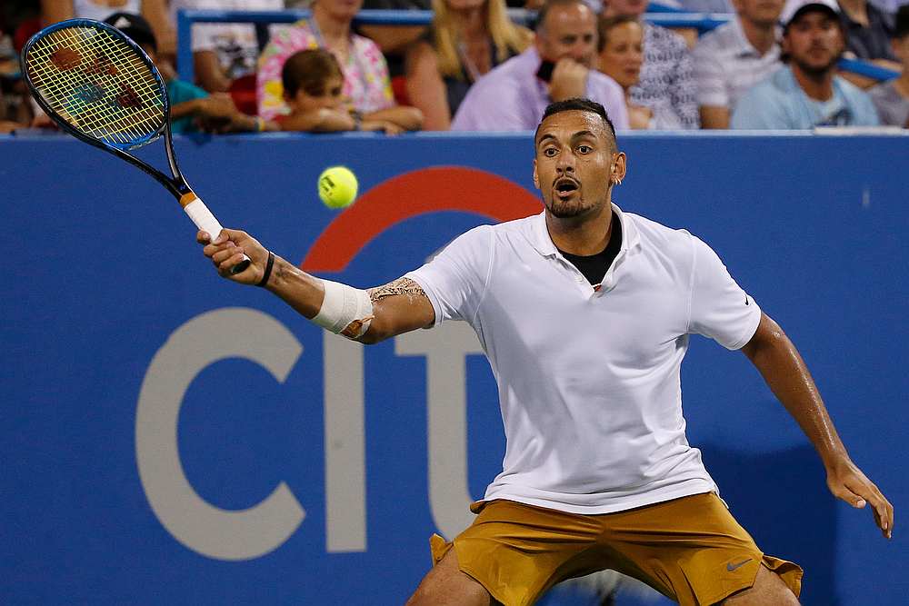 Nick Kyrgios of Australia hits a forehand in the men's singles semifinals of the 2019 Citi Open Washington August 3, 2019. u00e2u20acu201d USA TODAY Sports pic via Reuters 