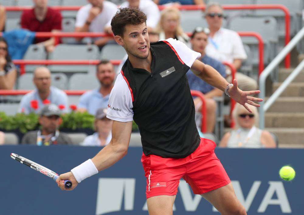 Dominic Thiem from Austria hits a shot against Canadau00e2u20acu2122s Denis Shapovalov (not pictured) during the Rogers Cup tennis tournament in Montreal August 8, 2019. u00e2u20acu2022 Picture by Jean-Yves Ahern-USA TODAY Sports via Reuters