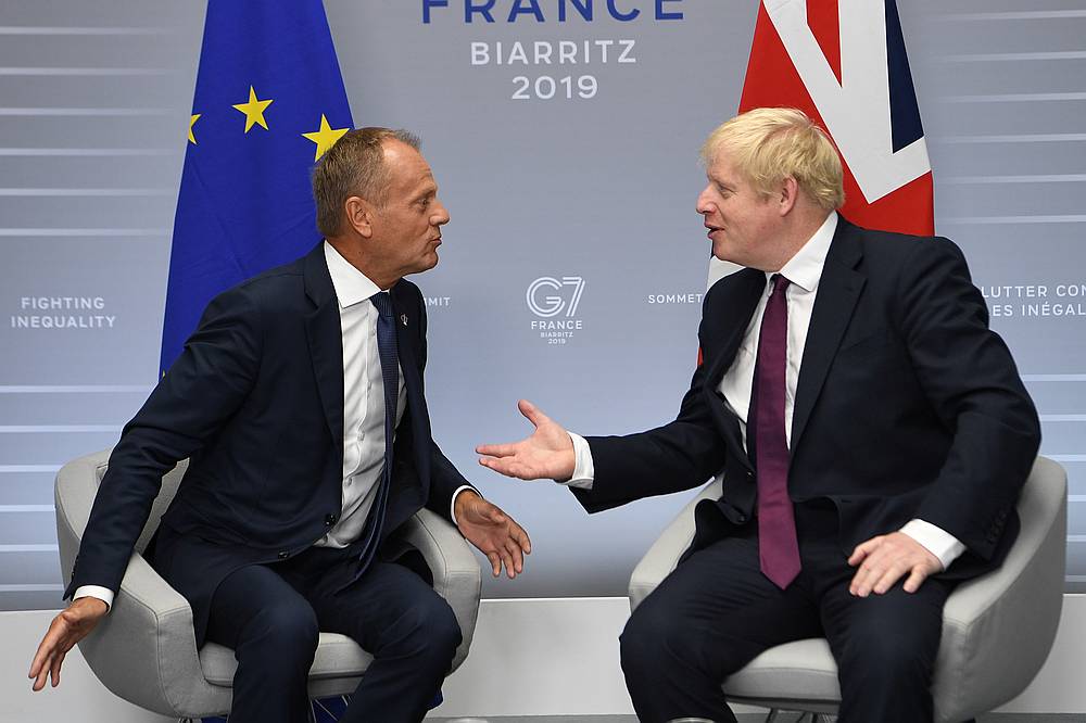 EU Council President Donald Tusk (left) meets British Prime Minister Boris Johnson during the G7 summit in Biarritz, France August 25, 2019. u00e2u20acu201d Andrew Parsons/Pool pic via Reuters