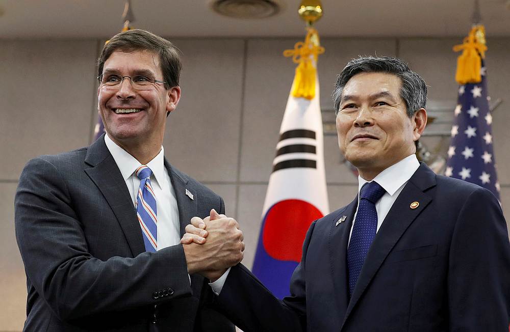 US Defence Secretary Mark Esper and South Korean Defence Minister Jeong Kyeong-doo seen ahead of a meeting at Defence Ministry in Seoul August 9, 2019. u00e2u20acu201d Lee Jin-man/Pool pic via Reuters