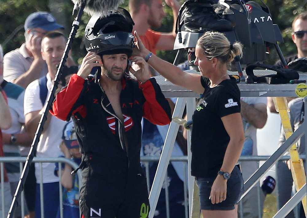 French inventor Franky Zapata talks to his wife as he gets ready for take off on a Flyboard to cross the English channel from Sangatte to Dover, in Sangatte, France July 25, 2019. u00e2u20acu201d Reuters pic