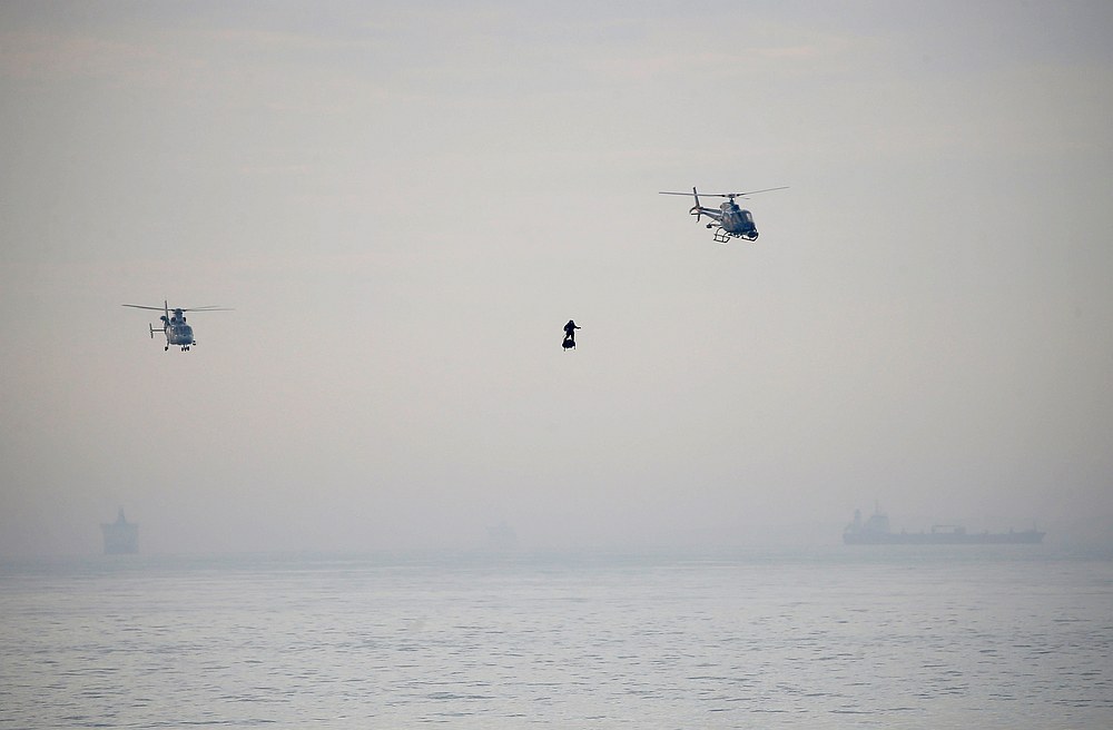 French inventor Franky Zapata arrives to Dover on a Flyboard during his second attempt to cross the English channel from Sangatte to Dover, Britain August 4, 2019. u00e2u20acu201d Reuters pic