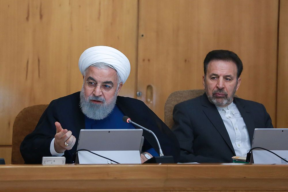 Iranian President Hassan Rouhani (left) speaks during the Cabinet meeting in Tehran July 31, 2019. u00e2u20acu201d Official President website handout via Reuters