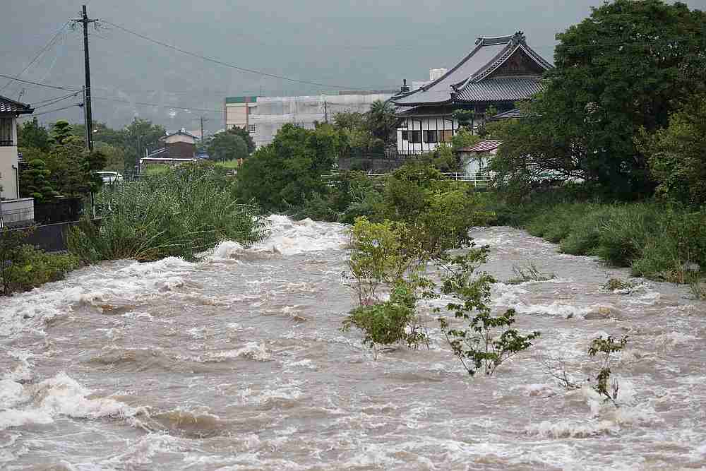 Rising water caused by heavy rain is seen at Muromi river in Fukuoka August 28, 2019. u00e2u20acu201d AFP pic