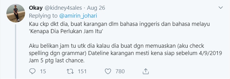 A witty comment from a Twitter user asking the girl to write an essay on why she needed that watch ― he even put in a deadline for it too! ― Screengrab via Twitter/@amirin_johari