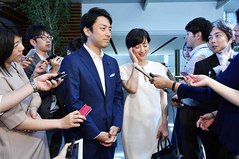 Shinjiro Koizumi, a lawmaker and son of a former prime minister, announces with television presenter Christel Takigawa their marriage plans, at the Prime Minister's official residence in Tokyo August 7, 2019. u00e2u20acu201d Kyodo pic via Reuters