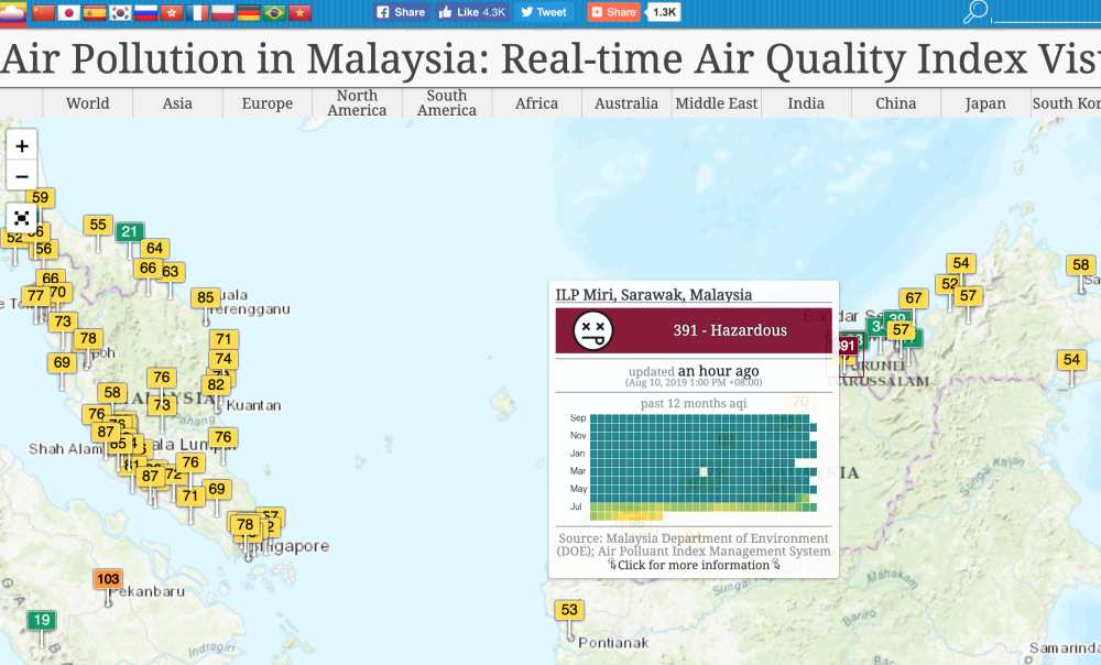 A screenshot of the Air Pollution in Malaysia: Real-time Air Quality Index Visual Map.