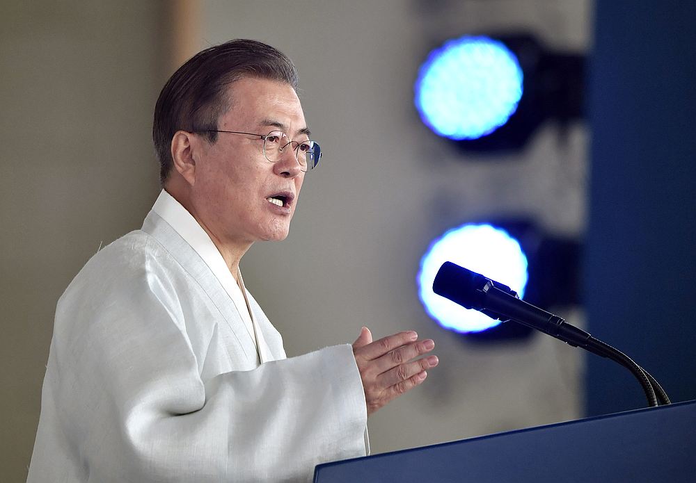 South Korean President Moon Jae-in delivers a speech during a ceremony to mark the 74th anniversary of Korea's liberation from Japan's 1910-45 rule, in Cheonan August 15, 2019. u00e2u20acu201d Jung Yeon-je/Pool pic via Reuters