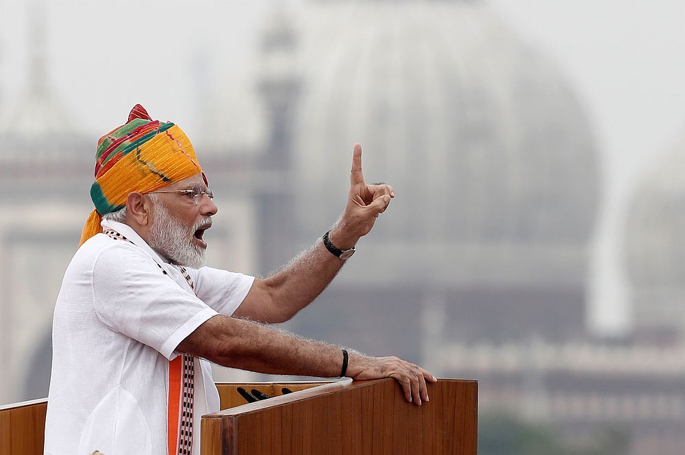 Indian Prime Minister Narendra Modi addresses the nation during Independence Day celebrations at the historic Red Fort in Delhi August 15, 2019. u00e2u20acu201d Reuters pic