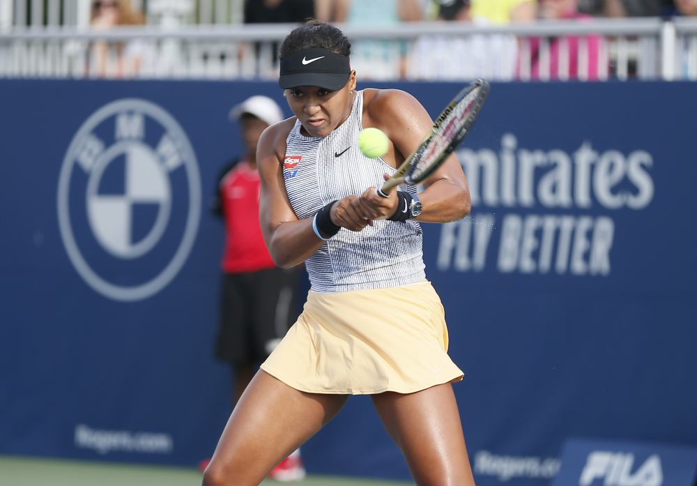 Naomi Osaka hits a ball to Tatjana Maria (not pictured) during the Rogers Cup tennis tournament in Toronto August 8, 2019. u00e2u20acu2022 Picture by John E. Sokolowski-USA TODAY Sports via Reuters