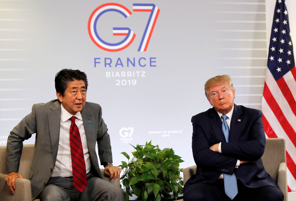 US President Donald Trump and Japanu00e2u20acu2122s Prime Minister Shinzo Abe attend a bilateral meeting during the G7 summit in Biarritz August 25, 2019. u00e2u20acu201d Reuters