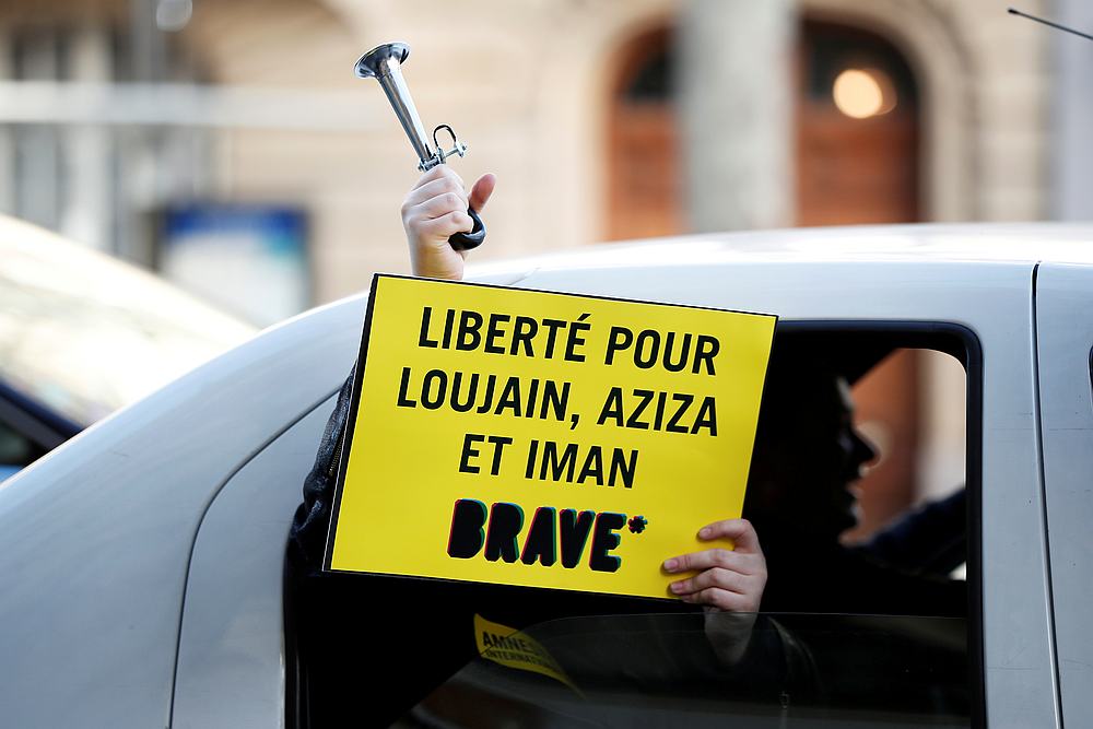 Demonstrator from Amnesty International holds a placard outside the Saudi Arabian Embassy to urge the release of women's rights activists Loujain al-Hathloul, Eman al-Nafjan and Aziza al-Yousef in Paris, France, March 8, 2019. u00e2u20acu201d Reuters pic