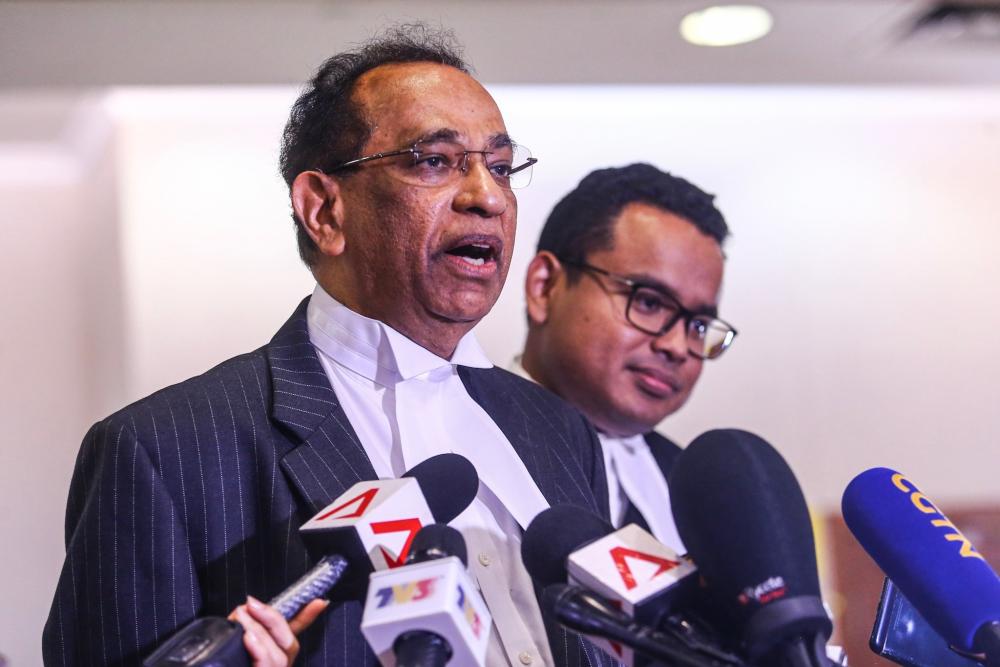 Ad hoc prosecutor Datuk V. Sithambaram, who leads the prosecution team, addresses the media at the Kuala Lumpur Court Complex during last day of SRC International trial, August 27, 2019. ― Picture by Hari Anggara