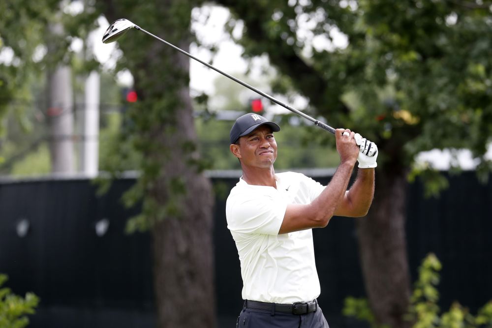 Tiger Woods tees off on the 10th hole during the second round of the BMW Championship golf tournament at Medinah Country Club in Illinois August 16, 2019. u00e2u20acu2022 Picture by Brian Spurlock-USA TODAY Sports via Reuters
