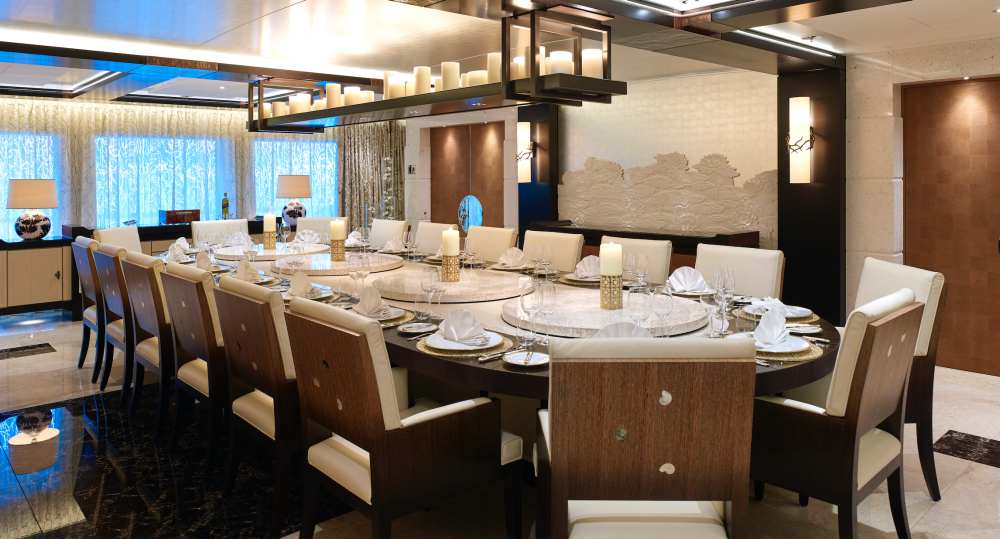 Tranquility’s interior was designed by Andrew Winch who used Italian marble and bleached oak with wenge finishing. — Picture courtesy of Camper & Nicholsons