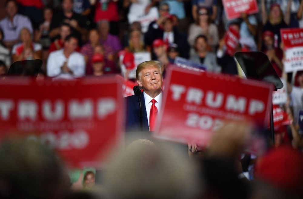 US President Donald Trump speaks during a u00e2u20acu02dcKeep America Greatu00e2u20acu2122 campaign rally at the SNHU Arena in Manchester, New Hampshire, August 15, 2019. u00e2u20acu201d AFP pic