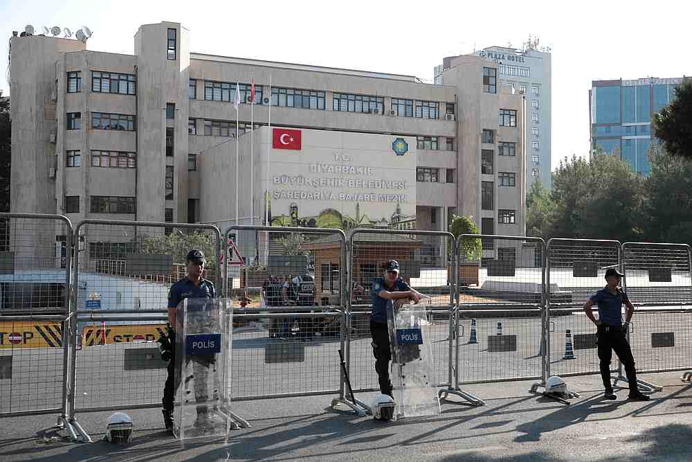 Turkish police stand guard in front of the Metropolitan Municipality headquarters in Diyarbakir, Turkey August 19, 2019. u00e2u20acu201d Reuters pic