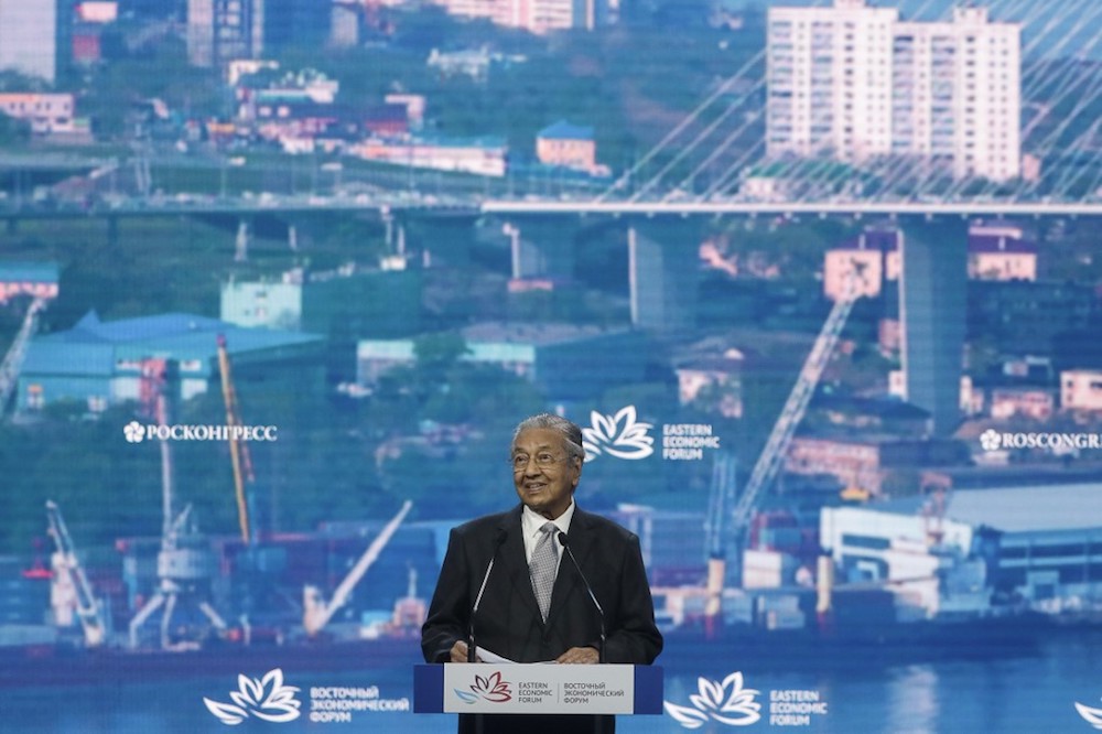 Prime Minister Tun Dr Mahathir Mohamad delivers his keynote address at plenary session of the 5th Eastern Economic Forum (EEF) 2019 at Far Eastern Federal University (FEFU) Campus in Vladivostok September 5, 2019. u00e2u20acu201d AFP pic
