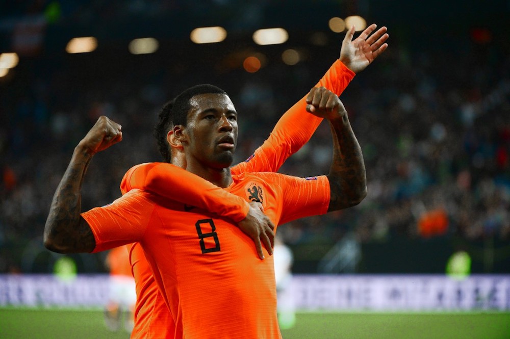 Netherlandsu00e2u20acu2122 Georginio Wijnaldum celebrates scoring with his team-mates during the Uefa Euro 2020 Group C qualification match with Germany in Hamburg September 6, 2019. u00e2u20acu201d AFP pic