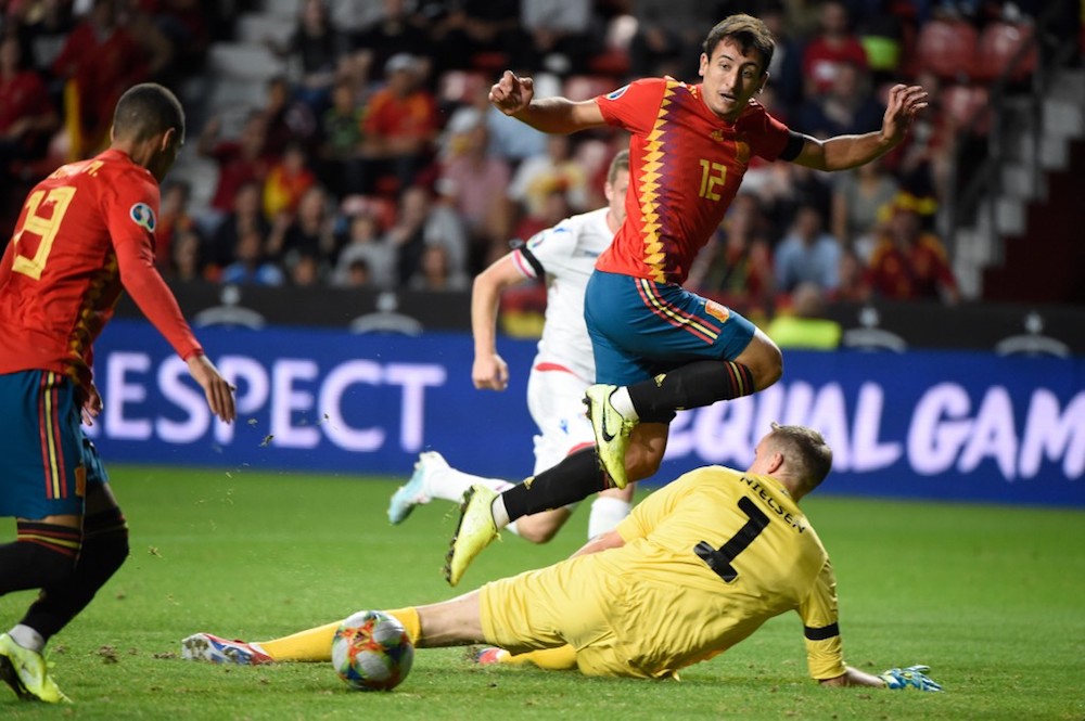 Spainu00e2u20acu2122s Rodrigo scores the opening goal during the Uefa Euro 2020 qualifier group F match with Faroe Islands at El Molinon stadium in Gijon September 8, 2019. u00e2u20acu201d AFP pic