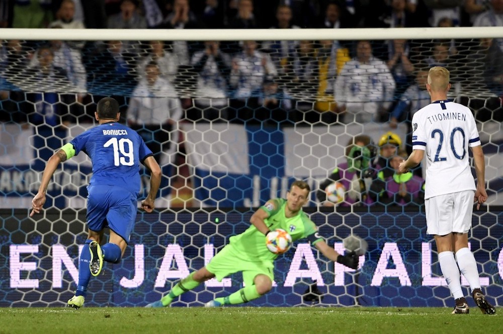 Finlandu00e2u20acu2122s goalkeeper Lukas Hradecky fails to stop the penalty by Italyu00e2u20acu2122s Jorginho (not in picture) during the Uefa Euro 2020 Group J qualification match in Tampere, Finland on September 8, 2019. u00e2u20acu201d AFP pic