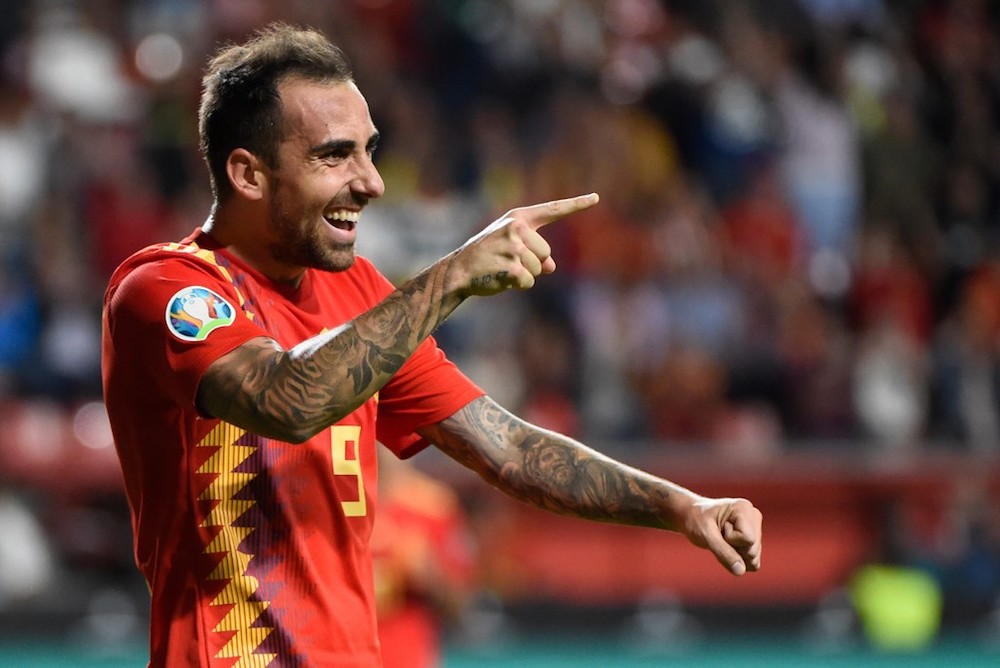 Spain’s Paco Alcacer celebrates after scoring his second goal during the Uefa Euro 2020 qualifier group F match with Faroe Islands at El Molinon stadium in Gijon September 8, 2019. — AFP pic