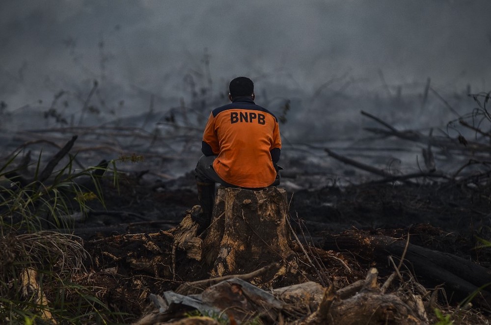 Indonesian firefighters battle a forest fire in Kampar, Riau September 9, 2019. — AFP pic