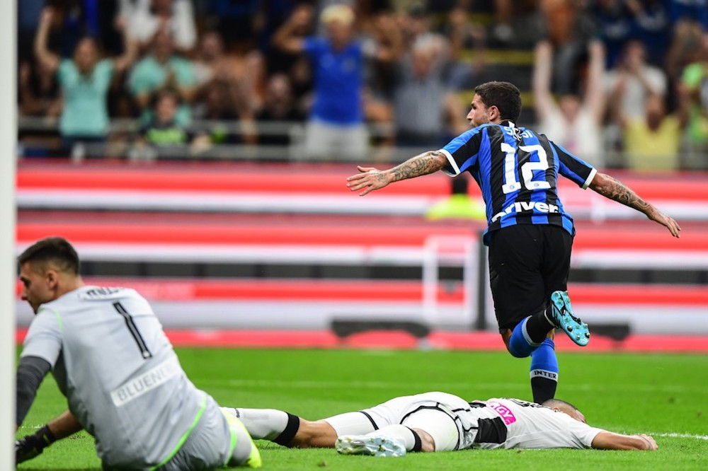 Inter Milanu00e2u20acu2122s Stefano Sensi celebrates after opening the scoring during the Serie A match with Udinese at the San Siro stadium in Milan September 14, 2019. u00e2u20acu201d AFP pic