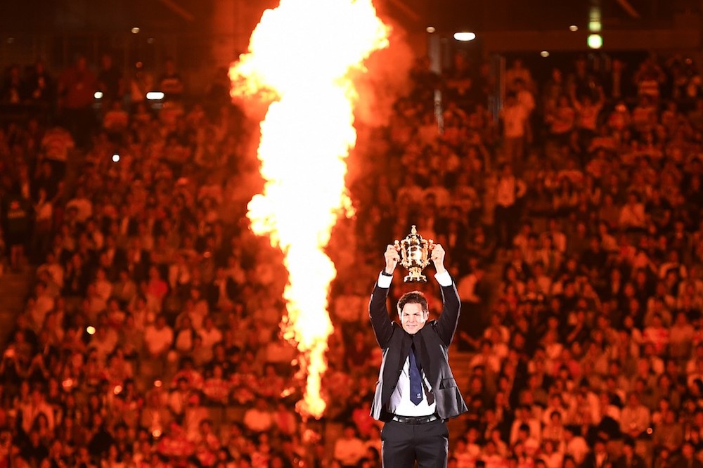 Former New Zealand international Richie McCaw holds the Rugby World Cup trophy during the tournamentu00e2u20acu2122s opening ceremony at the Tokyo Stadium in Tokyo September 20, 2019, ahead of the Pool A match between Japan and Russia. u00e2u20acu201d AFP pic