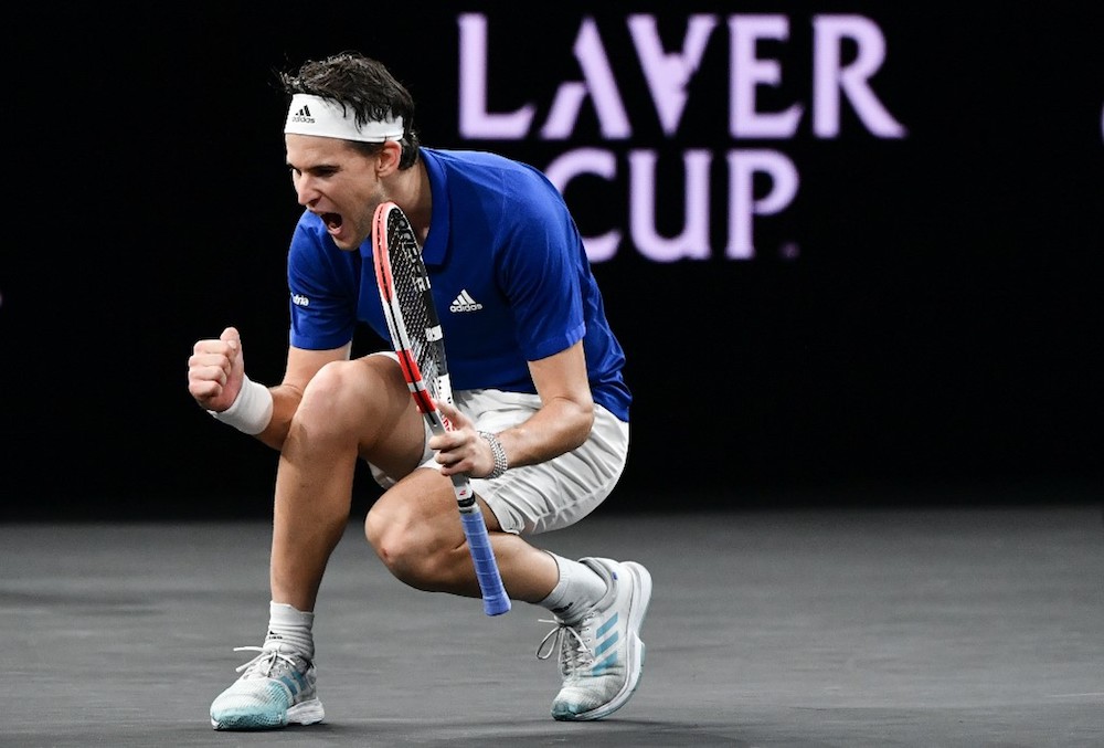Team Europeu00e2u20acu2122s Dominic Thiem celebrates his victory over Team Worldu00e2u20acu2122s Denis Shapovalov during their match at the 2019 Laver Cup in Geneva September 20, 2019. u00e2u20acu201d AFP pic