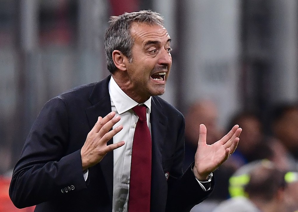 AC Milanu00e2u20acu2122s head coach Marco Giampaolo shouts instructions during the Serie A match with Inter Milan at the San Siro stadium in Milan September 21, 2019. u00e2u20acu201d AFP pic