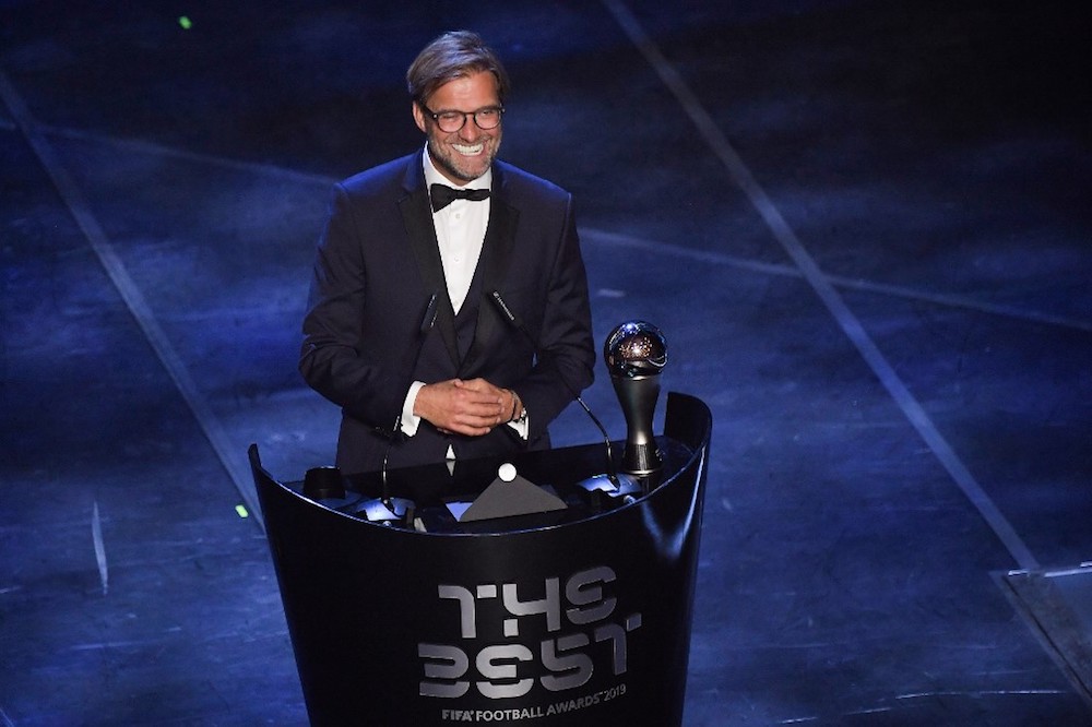 Liverpool coach Jurgen Klopp reacts after winning the trophy for the Best Fifa Menu00e2u20acu2122s Coach of 2019 Award during The Best Fifa Football Awards ceremony in Milan September 23, 2019. u00e2u20acu201d AFP pic