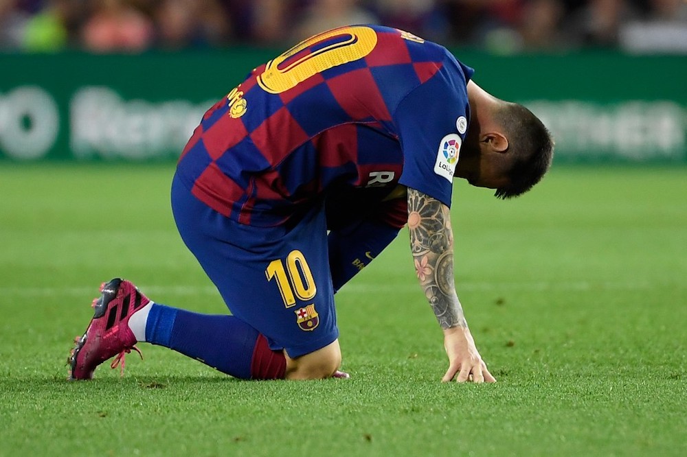 Barcelonau00e2u20acu2122s Lionel Messi reacts on the ground during the La Liga match with Villarreal at Camp Nou in Barcelona September 24, 2019. u00e2u20acu201d AFP pic