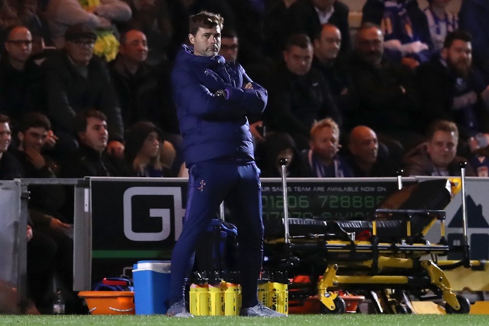 Tottenham Hotspuru00e2u20acu2122s coach Mauricio Pochettino reacts during the League Cup third-round match with Colchester United at the Colchester Community Stadium in Colchester September 24, 2019. u00e2u20acu201d AFP pic