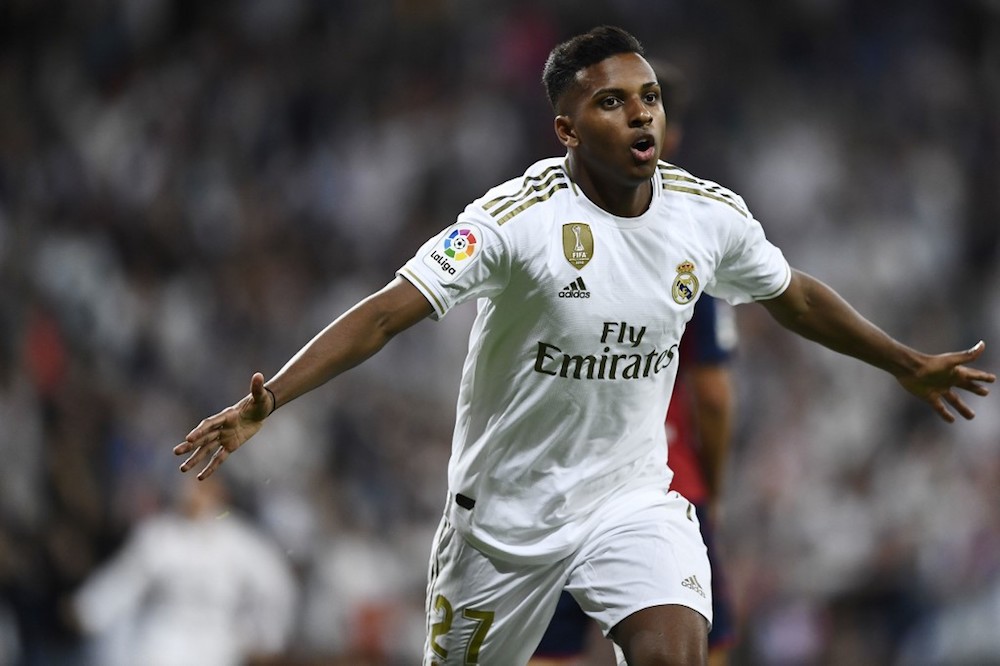 Real Madridu00e2u20acu2122s Rodrygo celebrates his goal during the La Liga match with Osasuna at the Santiago Bernabeu stadium in Madrid September 25, 2019. u00e2u20acu201d AFP pic