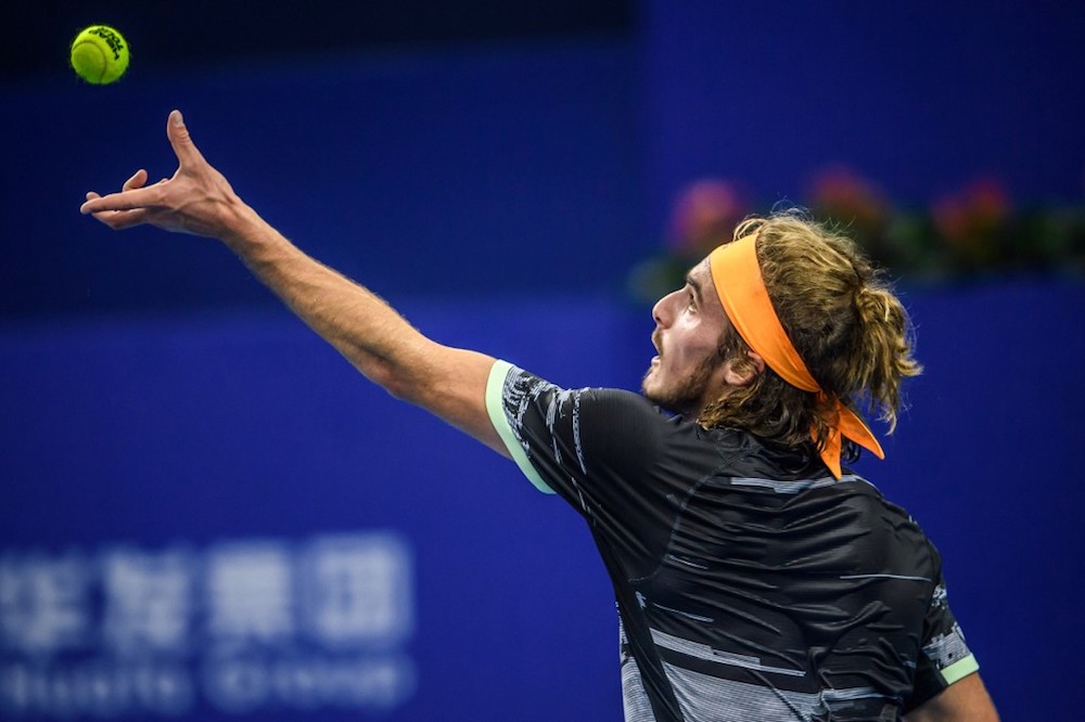 Stefanos Tsitsipas of Greece serves against Adrian Mannarino of France during their menu00e2u20acu2122s singles second-round match at the Zhuhai Championships in Zhuhai September 26, 2019. u00e2u20acu201d AFP pic