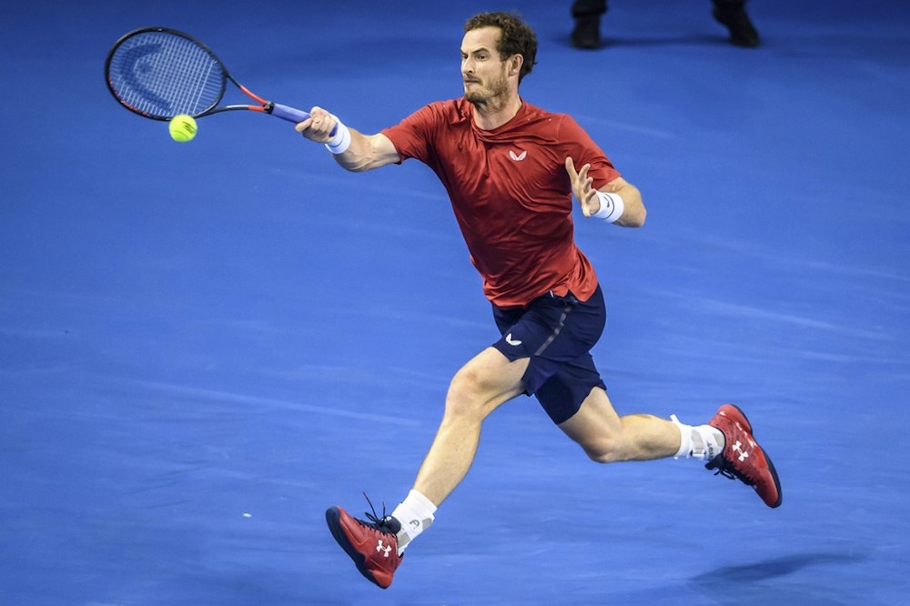 Andy Murray of Britain hits a return against Alex de Minaur of Australia during their menu00e2u20acu2122s singles second round match at the Zhuhai Championships in Zhuhai September 26, 2019. u00e2u20acu201d AFP pic