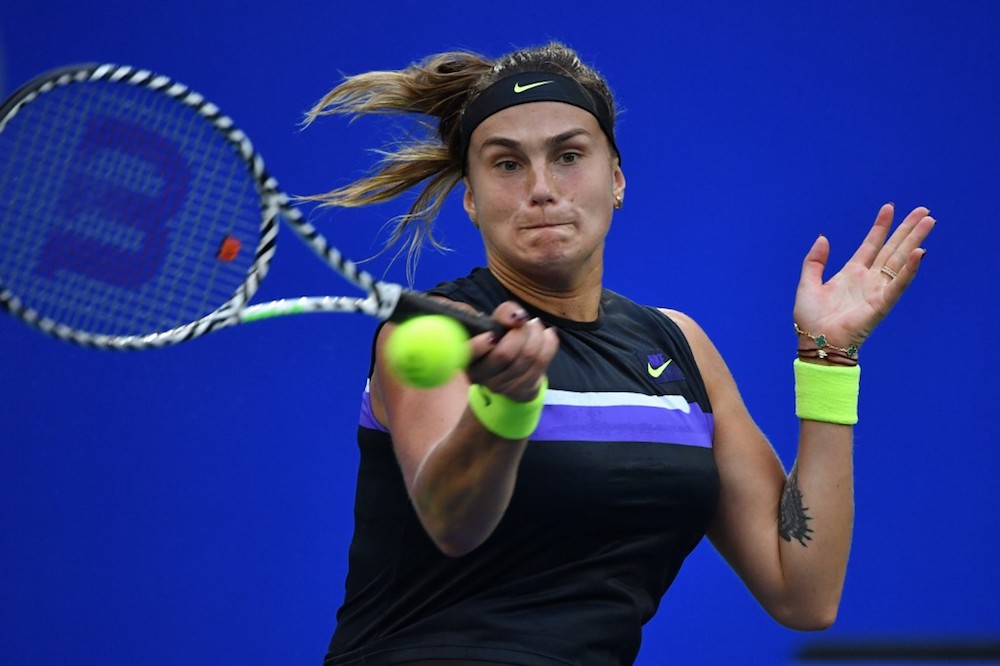 Aryna Sabalenka of Belarus hits a return to Ashleigh Barty of Australia during their womenu00e2u20acu2122s singles semi-final match at the Wuhan Open September 27, 2019. u00e2u20acu201d AFP pic