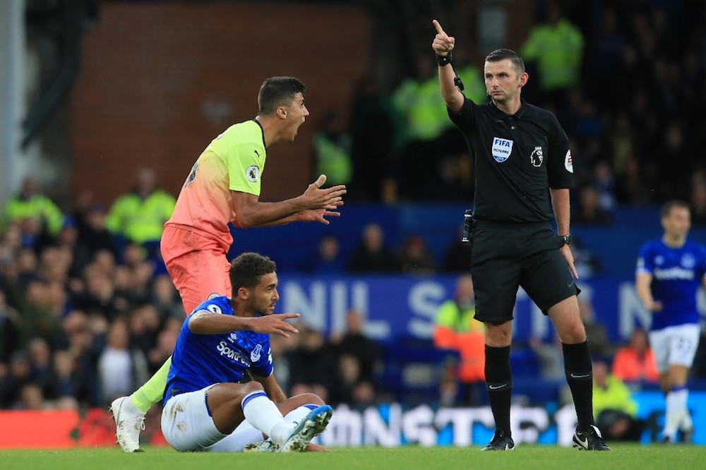 Manchester Cityu00e2u20acu2122s Rodrigo protests before getting a yellow card for his foul on Evertonu00e2u20acu2122s Dominic Calvert-Lewin during their Premier League match at Goodison Park in Liverpool September 28, 2019. u00e2u20acu201d AFP pic