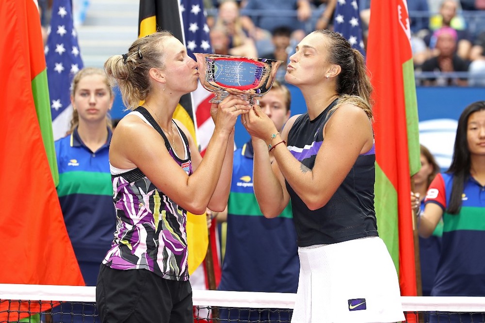 Elise Mertens of Belgium and Aryna Sabalenka of Belarus pose with the trophy after winning their Womenu00e2u20acu2122s Doubleu00e2u20acu2122s final against Victoria Azarenka of Belarus and Ashleigh Barty of Australia at the 2019 US Open in New York September 8, 2019. u00e2u20acu201d AFP pic