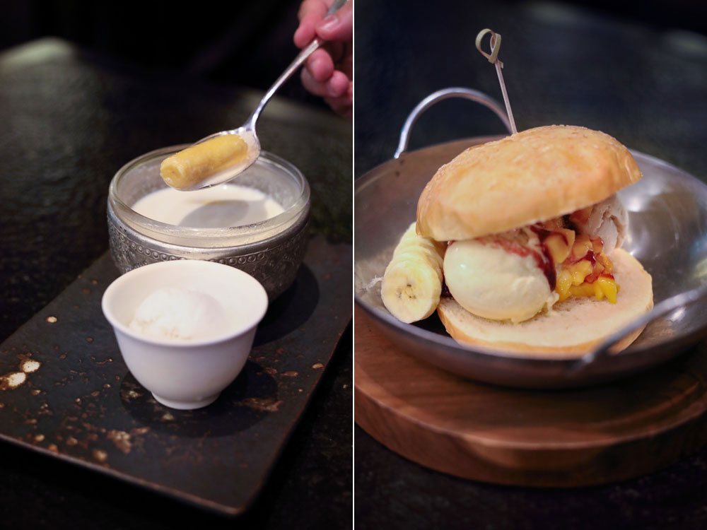 'Kluay buad chee' made from the yellow 'kluay kai' banana (left) and Thai ice cream sandwich or 'ai-tim kanom bpang' (right).
