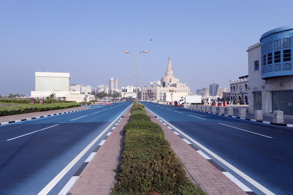 Qatar has turned a busy stretch of road in the capital Doha bright blue as part of an experiment to cool the tarmac surface and reduce the temperature of surrounding areas. u00e2u20acu201d AFP pic